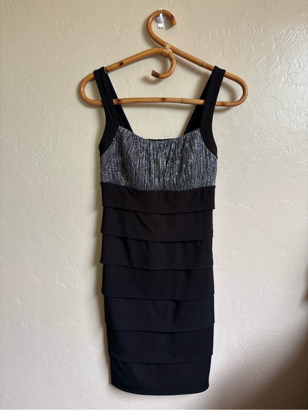 Y2K 2000s Sweet Storm Silver Metallic Black Tiered Mini Going Out Dress Size M